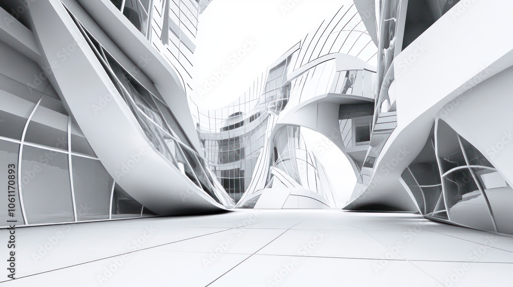 Poster a futuristic architectural design featuring fluid forms and sleek lines in a monochromatic setting.