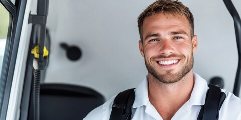 A cheerful, well-groomed bus driver in a white shirt smile confidently while seated inside a vehicle, exuding positivity and readiness for work.
