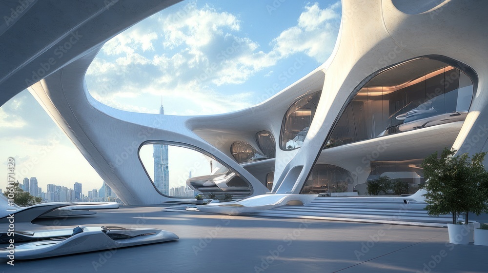 Poster a futuristic architectural design featuring sleek curves and modern structures in an urban setting.