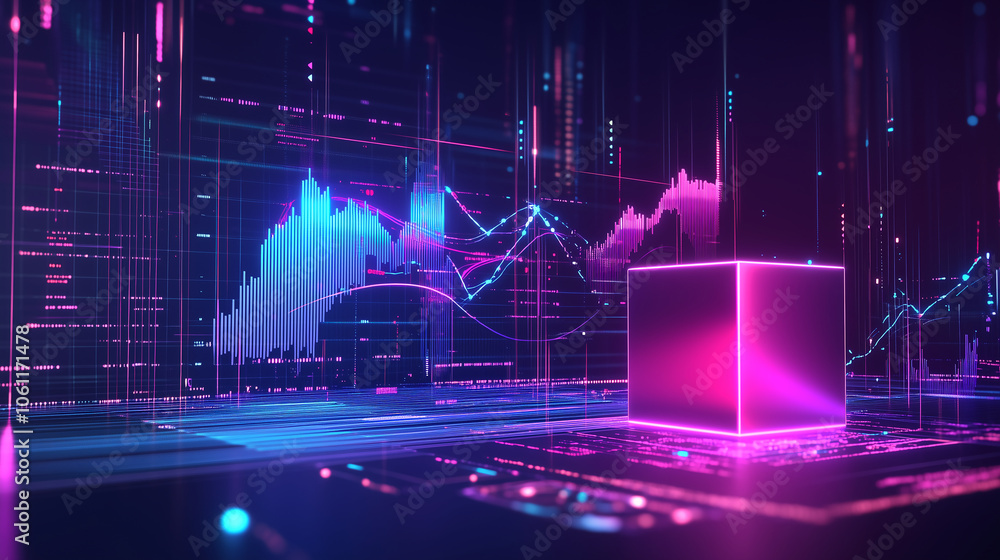 Poster a glowing pink cube sits on a digital platform surrounded by blue and pink data lines