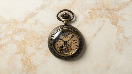 Antique Pocket Watch with Exposed Mechanism on a Beige Surface