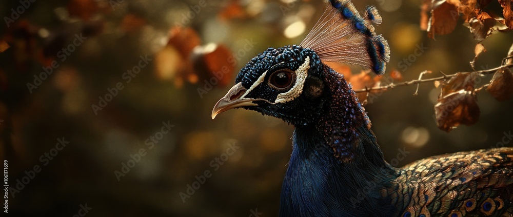 Poster a close-up of a peacock showcasing its vibrant colors and intricate feather patterns.