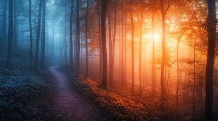 Naklejka premium A serene forest path illuminated by soft, warm light amidst misty trees.
