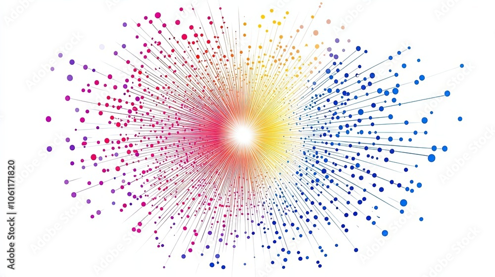 Poster abstract colorful pattern of connected dots radiating outwards on white background