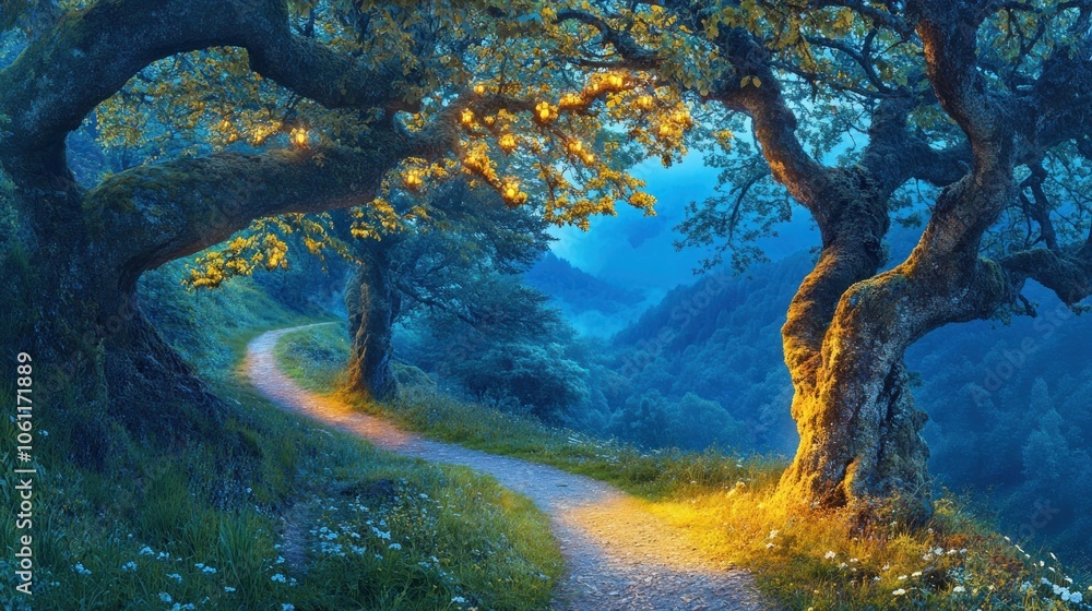 Poster A serene pathway through a mystical forest illuminated by soft light.