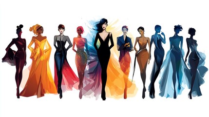 Fototapeta premium a 2D cartoon illustration of a fashion show with models in different outfits, glamorous and exciting, white background--ar 16:9