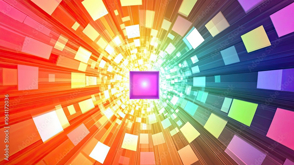 Poster abstract rainbow tunnel of rectangular shapes with a pink square in the center