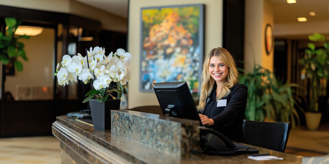 Smiling hotel receptionist at front desk, showcasing hospitality and professionalism in a welcoming environment