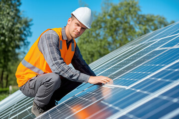 Solar Engineer Inspecting Panel on Rooftop with Green Background