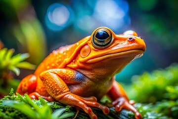 Close-Up Portrait of an Orange Frog in a Lush Habitat - Vibrant Colors, Detailed Texture, Macro Photography, Amphibian Close-Up, Nature Photography, Wildlife, Exotic Frog
