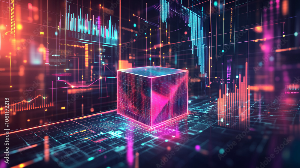 Aufkleber a glowing cube sits amidst colorful data visualizations in a digital landscape