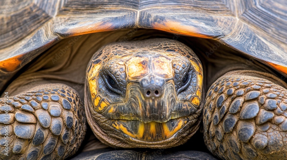 Poster close-up of a turtle's face, showcasing its textured shell and unique features.