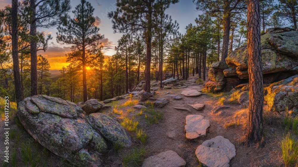Poster Scenic sunset view through a forest path with rocks and trees.
