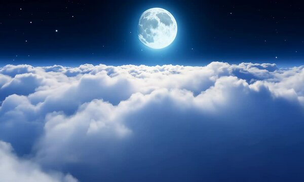 Beautiful Moon in the Skies. Flying Over the Infinite Clouds with the Night Moon Shining Seamless. Looped 3d Animation with Moonlight Over the Horizon