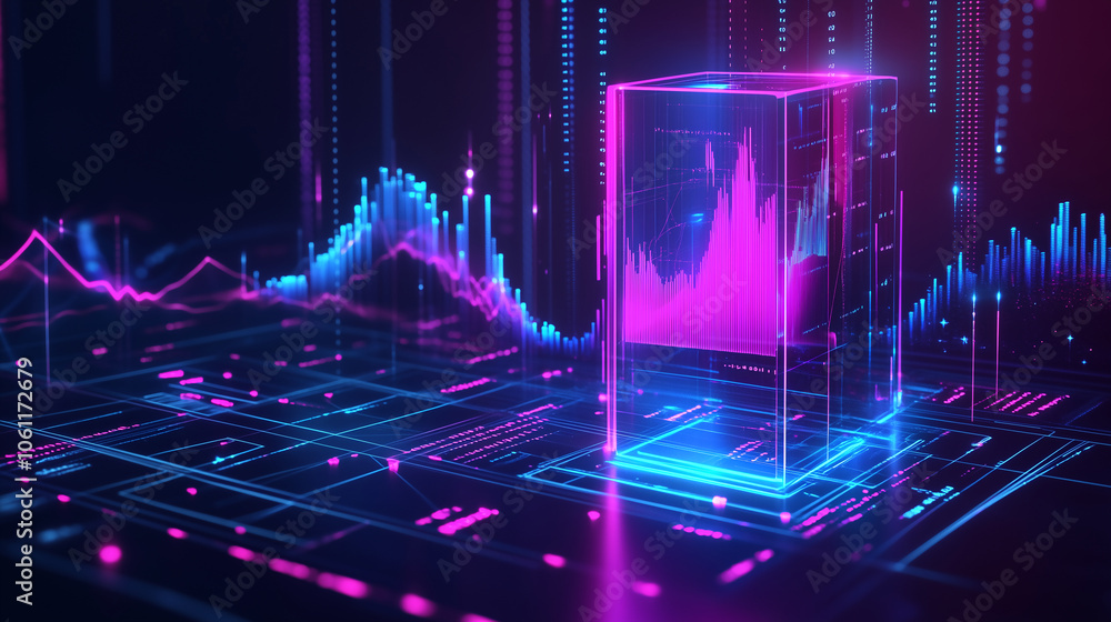 Aufkleber A glowing cube containing a data chart sits on a digital platform with a blue and pink data wave in the background