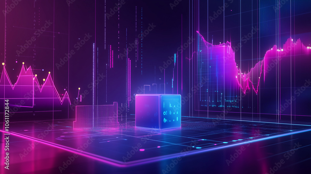 Poster a glowing blue cube sits on a platform surrounded by digital graphs in a pink and blue virtual space