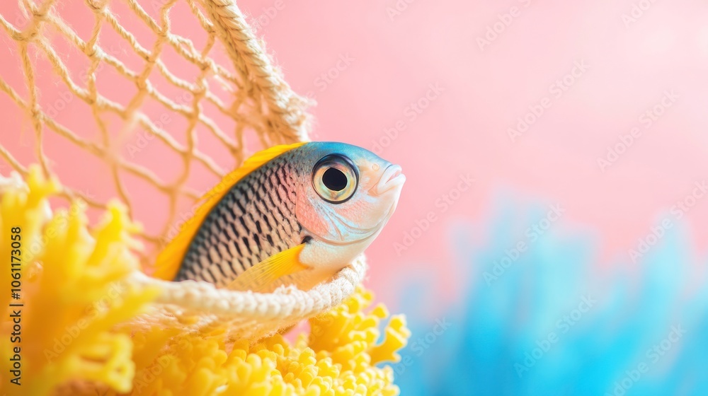 Poster a colorful fish resting in a net against a vibrant background.
