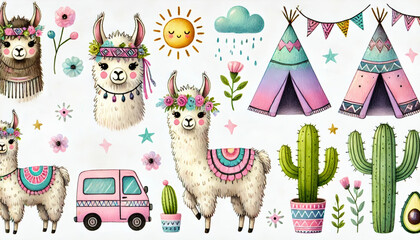 Llamas with colorful flower crowns, stylized teepees, cacti, a camper van, flowers, stars, clouds, rain, and sun create a whimsical and vibrant watercolor scene