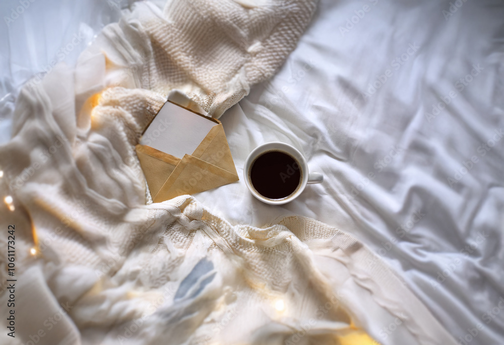 Poster a cup of coffee and an envelope with a blank card rest on a white bedspread with a fuzzy blanket and