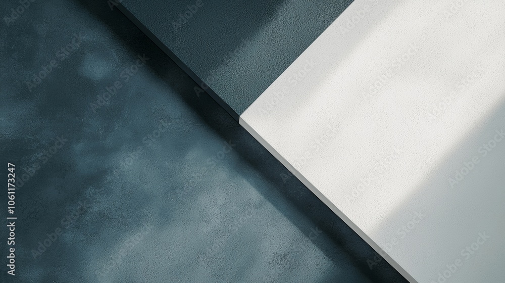 Poster sunlight is casting shadows on a minimalist abstract composition featuring geometric shapes and text