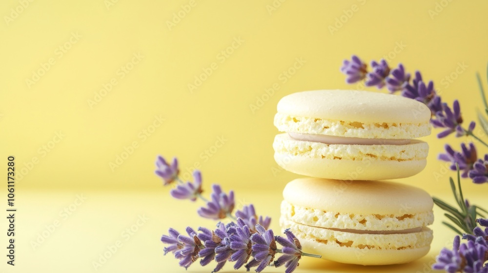 Poster stacked lemon macarons with lavender filling and fresh sprigs on yellow backdrop create a visually a