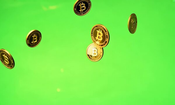 Bitcoin rain in slow motion isolate on green screen background