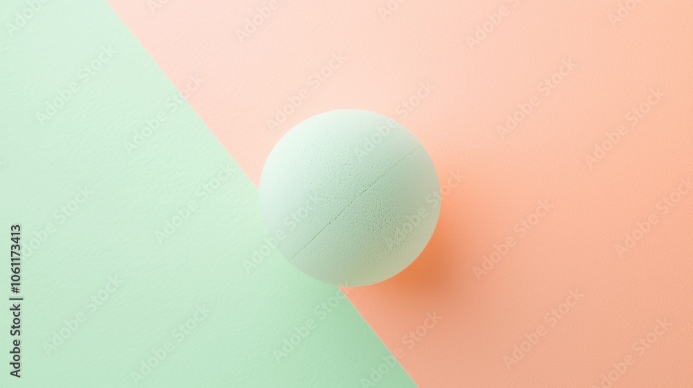 Poster pale green textured sphere rests on a split background of mint green and peach, creating a simple ye