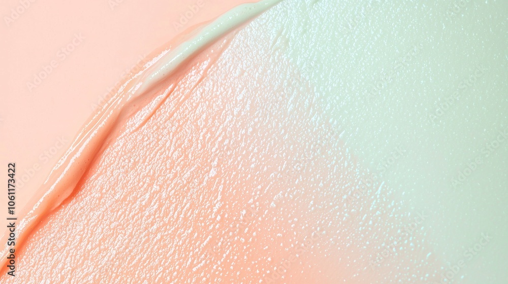 Poster pearlescent cosmetic cream texture forming a gradient from peach to mint green, creating a smooth an