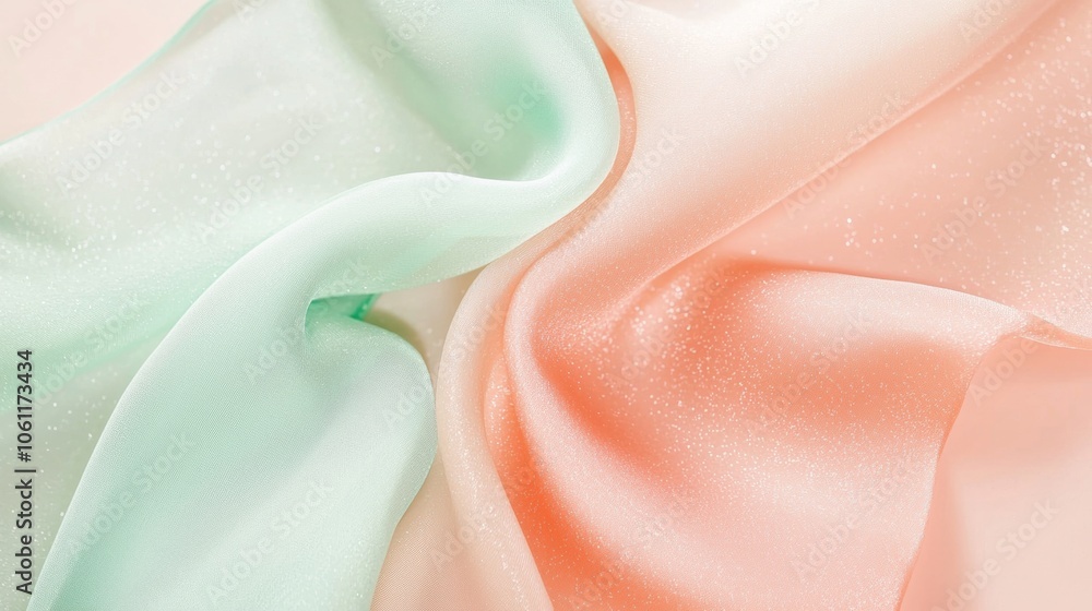 Poster soft pastel green and peach fabrics intertwine, creating an elegant and textured background with del