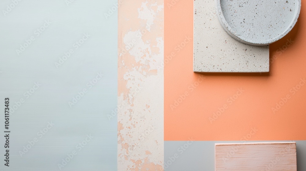 Poster modern geometric composition showcasing terrazzo trays and textured blocks arranged on a pastel-colo