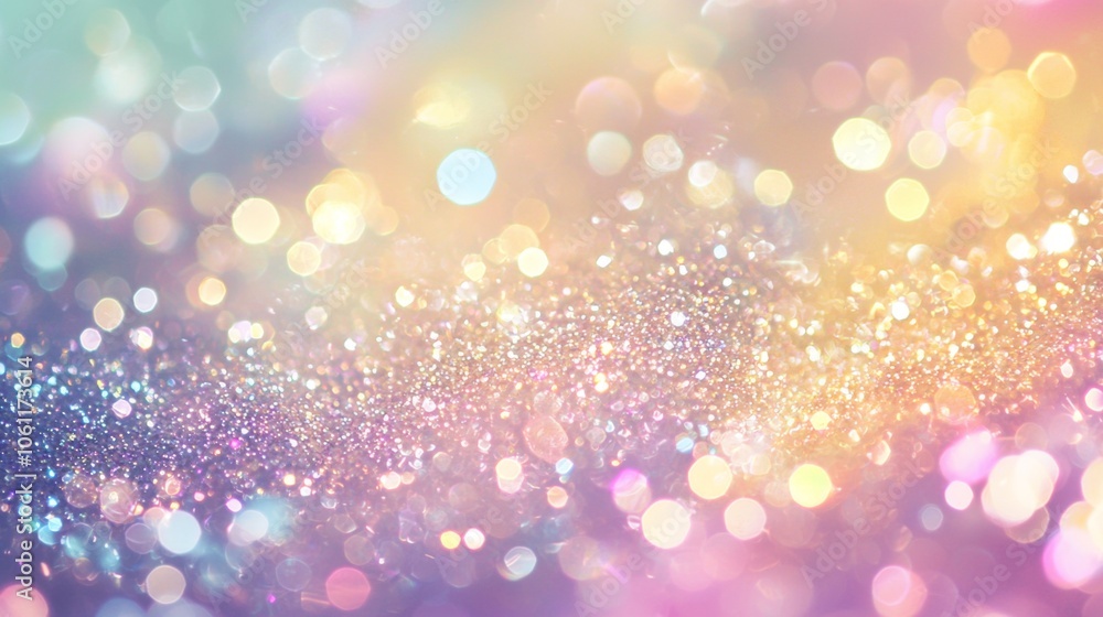 Poster pastel colors blend seamlessly, creating a dreamy, ethereal backdrop enhanced by a glittering textur