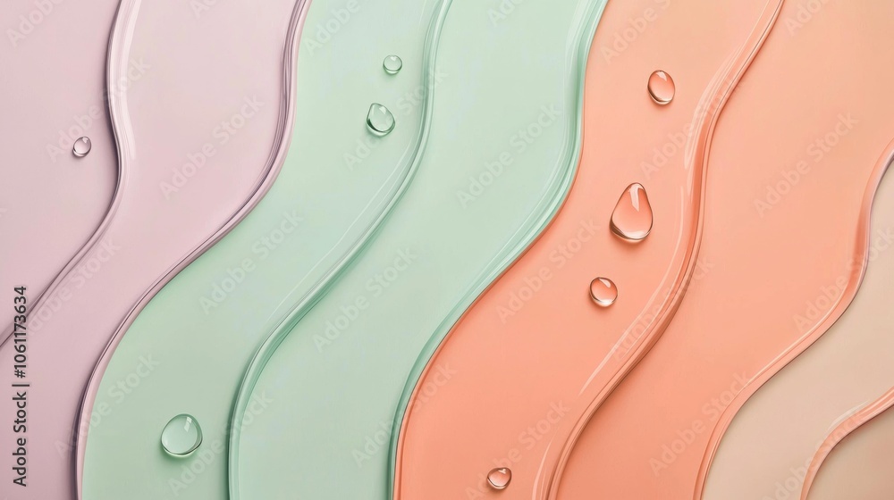 Poster transparent water droplets rest on a pastel-colored wavy surface, creating a visually appealing abst