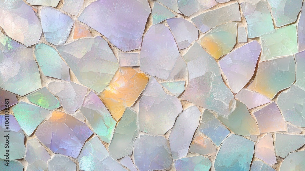 Poster Iridescent opal tile mosaic surface shimmers with a multitude of colors, creating a visually captivating and luxurious backdrop