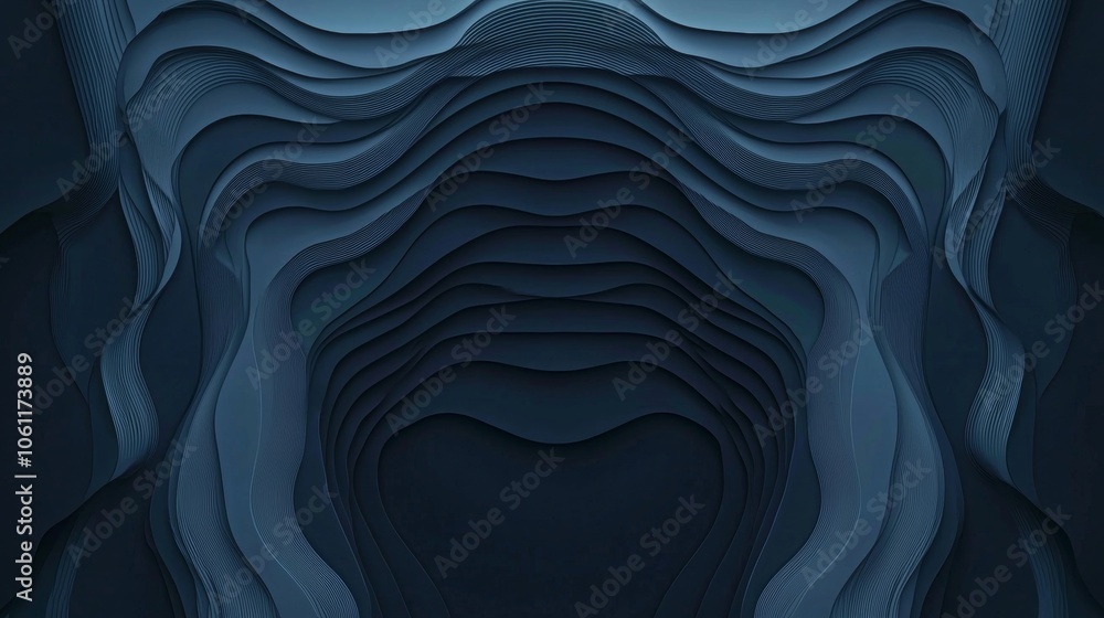 Poster smooth lines are creating an abstract cave in a paper cut background with shades of blue, giving a s