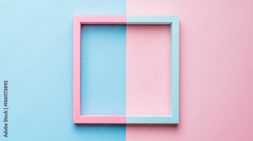 Poster empty frame with pastel pink and blue sides laying on a split background of the same two colors, cre