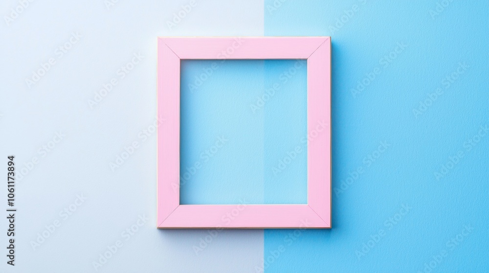 Aufkleber pink frame is put on a two-toned pastel background dividing the blue and light blue sections, creati