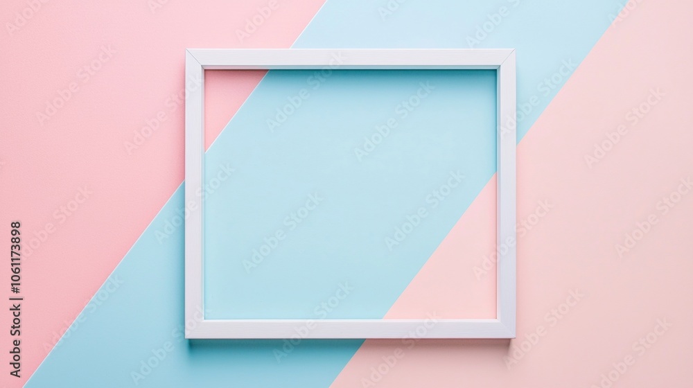 Poster white frame is lying on a pink and light blue pastel colored background creating a diagonal line div