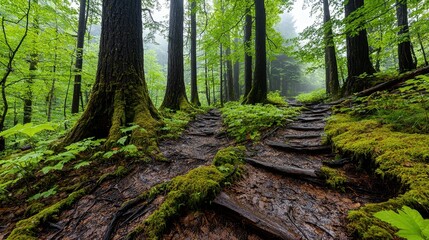 Fototapeta premium A moss-covered forest path winds through a lush green forest with tall trees, sunlight filtering through the canopy.