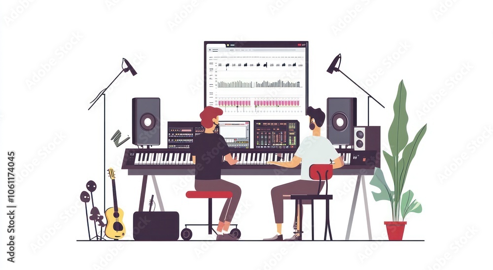 Aufkleber two individuals creating music in a modern studio with instruments and equipment.