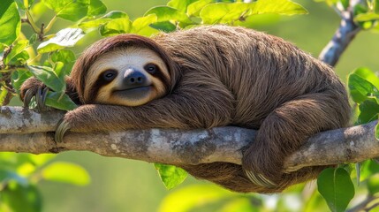 Fototapeta premium A sloth resting peacefully on a tree branch surrounded by green leaves.