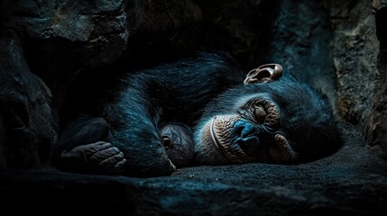 A sleeping chimpanzee curled up in a cozy, dark cave-like environment.