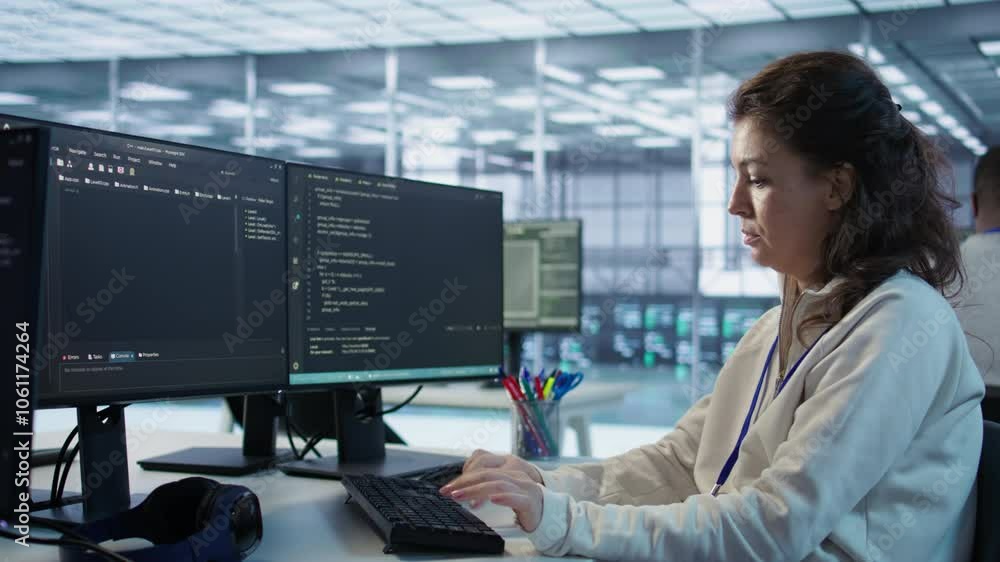 Poster portrait of smiling technician programming in ai data center used for machine learning training. che