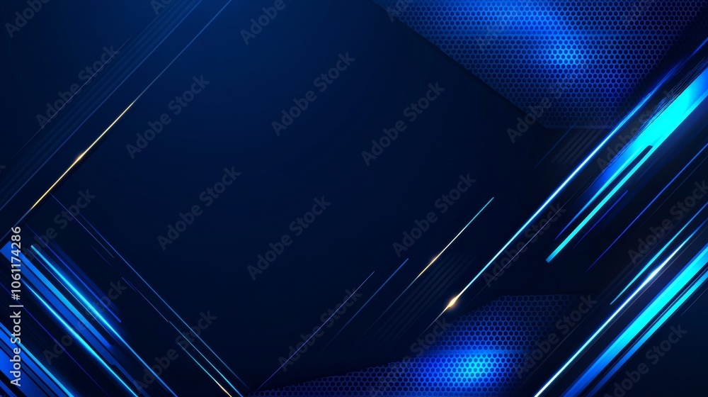Poster blue and gold diagonal lines intersect a hexagon pattern over a dark blue background, creating a mod