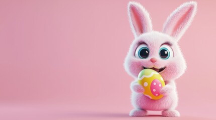Obraz premium Cute fluffy pink easter bunny holding a colorful decorated egg, celebrating easter festivities on a vibrant pink backdrop, creating a cheerful and festive scene