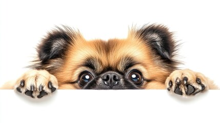 Fototapeta premium A cute dog peeking over a surface with expressive eyes.