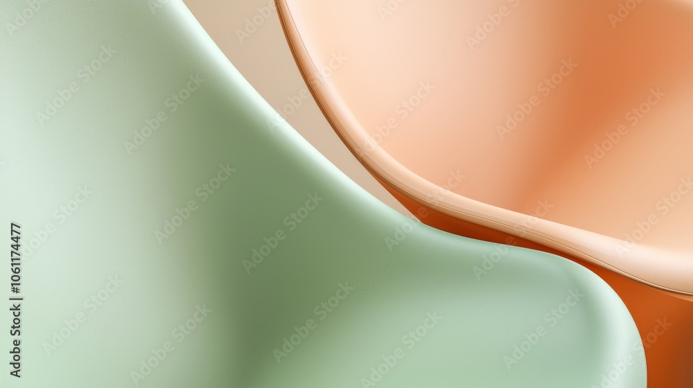 Poster close-up view of pastel green and orange plastic chairs, showcasing smooth curves and creating an ab