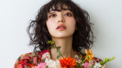 Fototapeta premium 鮮やかな花束を持った巻き毛と花柄のジャケットを着た女性