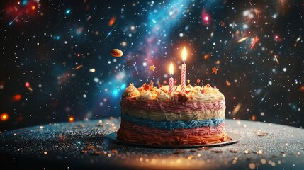 A colorful birthday cake with candles set against a cosmic background.