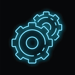 Two neon blue gears interlocking on a black background represent the concept of teamwork