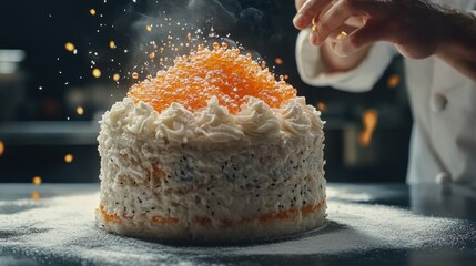 A chef decorates a cake with orange caviar and cream, showcasing culinary artistry.